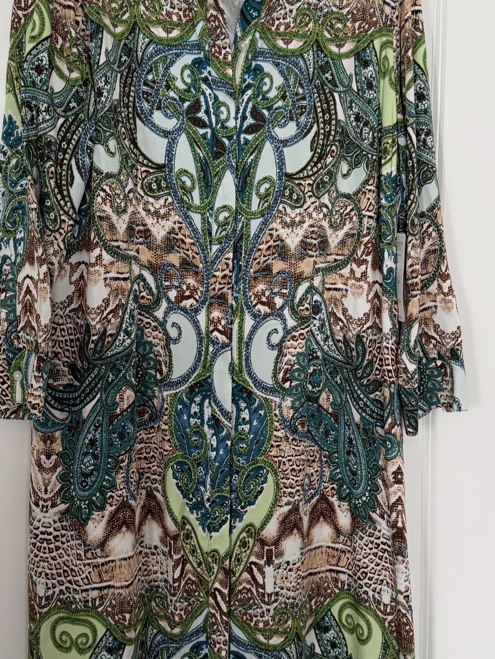 Chico's Long Paisley-Print Shirt Dress in Green, Brown and Blue